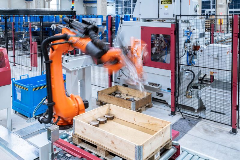 Der neu Thyssenkrupp-Materials-Standort in Rotenburg ist entlang der gesamten Supply Chain digital durchdrungen und vernetzt. Die Abwicklung der Aufträge erfolgt deshalb papierlos. Roboter handeln die teilweise tonnenschweren Halbzeuge sicher. Hier ein Robotersystem bei der automatisierten Anarbeitung. (Thyssenkrupp Materials)