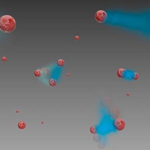 Eine graphische Darstellung zur Dreikörperrekombination mit möglichen Produkten. Die roten Kugeln repräsentieren Rubidium Atome, die blauen Wolken die Bindung zwischen einzelnen Atomen.