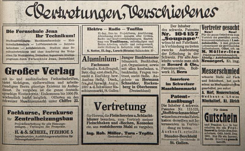 30er-Jahre: Die Fernschule Jena (erstes Inserat) konnte man noch vor der Grenzschliessung der damals noch nicht exisitierenden DDR besuchen. (Bild: Schweizer Maschinenmarkt)