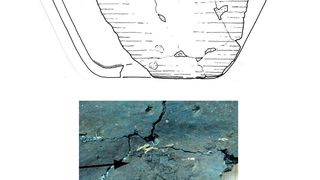 Rekonstruktion des 6000 Jahre alten Gefäßes aus der archäologischen Stätte Friesack 4 (oberes Bild) und eine Nahaufnahme der verkohlten Nahrungsmittelkruste aus Karpfenrogen an ihrem Boden (unteres Bild).  (Shevchenko et al. PLOS ONE. 28. Nov 2018 / MPI-CBG)
