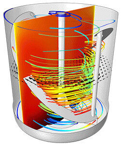 Simulation einer nicht-isotherme Strömung mit dem Mischer-Modul. Es wurden die von den Rohren aufsteigende Wärme sowie die Kühleffekte aufgrund der Wärmeableitung durch die Wände berücksichtigt. (Bild: Comsol)
