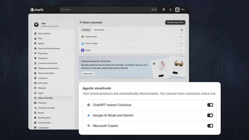 Bei der Erstellung des Agenten kann der Admin des Händlers festlegen, welche Checkout-Systeme der Agent wählen und nutzen kann.(Bild:  Shopify & Google)