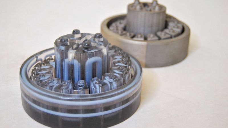 Rechts: Werkzeugeinsatz additiv gefertigt mittels DMLS, Links: PolyJet-Modell zur Visualisierung innenliegenden Temperierkanäle.(Bild:  Speedpart)