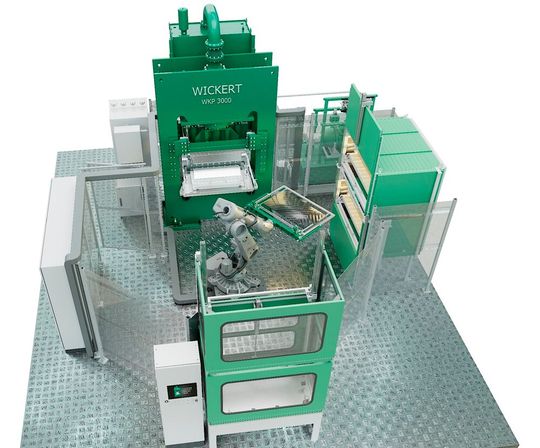 Mit den modular aufgebauten Thermoformpressen, die Wickert Maschinenbau jetzt zu bieten hat, können Composite-Teile mit thermoplastischer Matrix in kürzester Zeit verarbeitet werden. Eine Zielbranche ist der Flugzeugbau. Hier mehr dazu ...(Bild:  Wickert)
