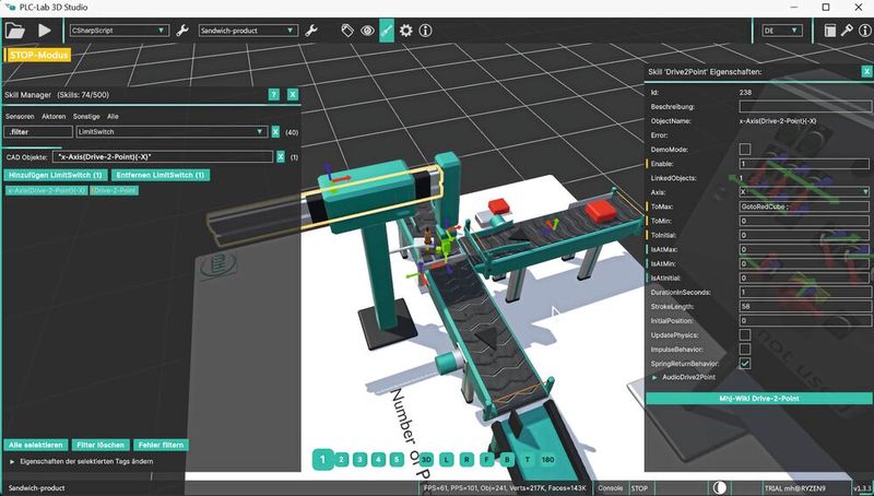 Simulation eines Fertigungsprozesses in PLC-Lab 3D Studio: Im gezeigten Beispiel wird in einer virtuellen Anlage die Herstellung eines zweiteiligen Produkts simuliert. Die Software bildet den Materialfluss und die Interaktion zwischen mechanischen Komponenten und der virtuellen SPS realitätsnah ab.  (Bild: MHJ-Software)