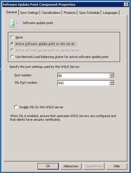 Abbildung 3: Benennung des aktiven Update Punkts, hier auf dem Standortserver, da dort der WSUS installiert ist. In den Eigenschaften des Update Punkts können auch die Synchronisation mit dem WSUS oder die gewünschten Produkt-Updates bestimmt werden. (Archiv: Vogel Business Media)