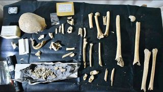 Knochenelemente des Individuums NCS200 in der Kathedrale von Santiago de Compostela im November 2019. Die Überreste konnten wegen deren Überführung und der Umgestaltung des Kircheninneren nur wenige Stunden lang untersucht werden. (Bild: © Patxi Pérez Ramallo)