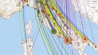 Auf der Landkarte der Frachtkosten-Simulationssoftware Scala ist die Distribution in Italien nach Dienstleister und Serviceart zu erkennen. (Bild: Städtler-Logistik)