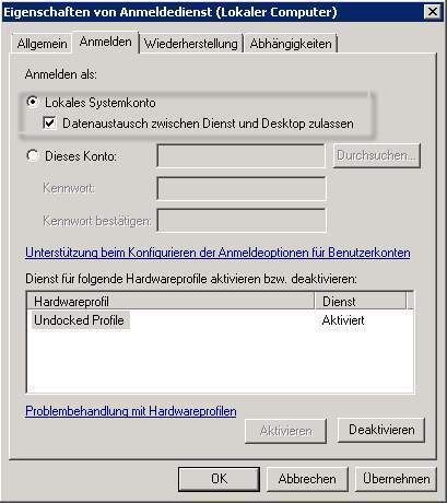 Über die Eigenschaften-Dialogbox eines Dienstes lässt sich der Datenaustausch zwischen Dienst und Desktop festlegen. (Archiv: Vogel Business Media)