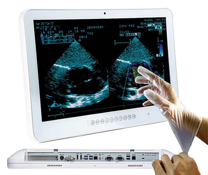 Multi-Touch: Der Medical-Panel-PC WMP-249 ist mit antibakterieller Gehäuseoberfläche nach EN 60601-1 ausgestattet und lässt sich auch mit Handschuhen sicher bedienen. (Bild: Comp-Mall)