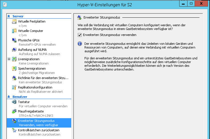 Abb. 6: Der erweiterte Sitzungsmodus steht auch für VMs in Hyper-V Server 2012 R2 zur Verfügung. (Bild: Microsoft)