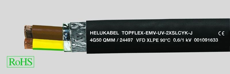 Die Leitung der Produktfamilie Topflex-EMV-UV-2XSLCYK-J ist für die Leistungsverdrahtung an Frequenzumrichtern geeignet und hält Temperaturen bis 90 °C stand. (Bild: Helukabel)