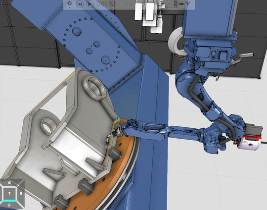 Die OLP‑Simulation zeigt das Schweißen mehrerer Schweißnähte an einem Bauteil.  (Bild:  Visual Components & Dualis)