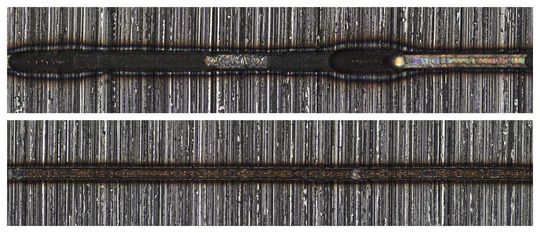 Before-and-after: Above is a laser weld seam before "learning," below is a weld seam from the process optimized by the algorithm.(Image: Empa)