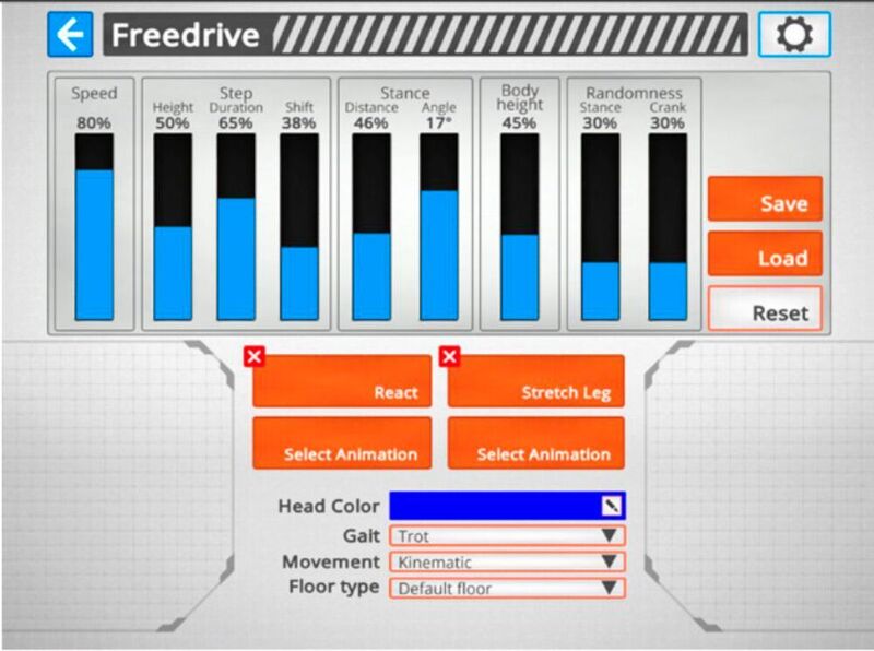 Tool Freedrive: Mit dieser Appanwendung lernen Sie, wie Sie MekaMon kontrollieren und mit seiner Bewegung experimentieren können. (Reach Robotics )