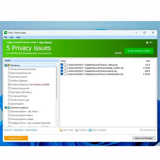 Glary Tracks Eraser löscht die Verlaufsdaten und andere sensible Informationen.(Bild:  Joos (Screenshot))