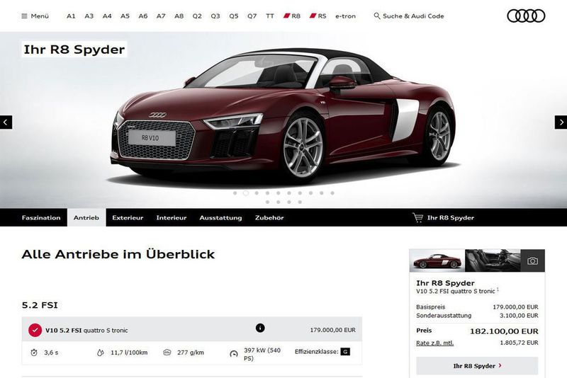 Platz 2: Audi. Am Konfigurator der VW-Tochter haben die Tester wenig zu mäkeln, Optik und Bedienung sind nach Ansicht der „Auto Bild“ sehr gut gelungen. Allerdings drängt Audi seine Kunden direkt zu einer höheren Motorisierung, die Basisvariante muss manuell ausgewählt werden. Das verhindert den Sieg. (Screenshot Audi)