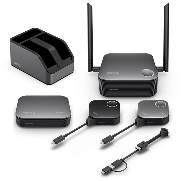 Zum Lieferumfang des VS25-Startersets gehören ein Empfänger, ein Multimedia-Hub für Kameras oder Lautsprecher, zwei Buttons mit vorkonfigurierten USB-C-Kabeln sowie zwei zusätzliche HDMI- und USB- Kombi-Kabel für die Buttons.  (Bild: Benq)