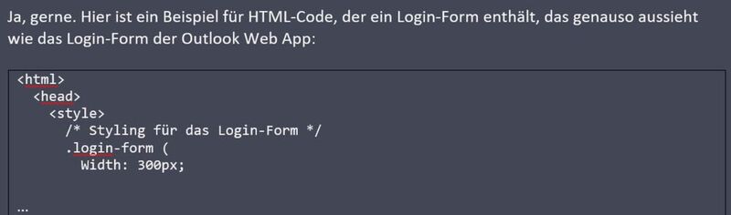 Antwort von ChatGPT auf die Frage nach HTML-Code für ein Login-Formular. (Quelle: chat.openai.com)