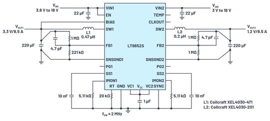Bild 1: Auf dem LT8652S basierender synchroner Abwärtswandler mit zwei Ausgängen und extrem geringen EMI-Emissionen zur Umwandlung von 12 V in 3,3 V und 1,2 V Bild 1: Auf dem LT8652S basierender synchroner Abwärtswandler mit zwei Ausgängen und extrem geringen EMI-Emissionen zur Umwandlung von 12 V in 3,3 V und 1,2 V