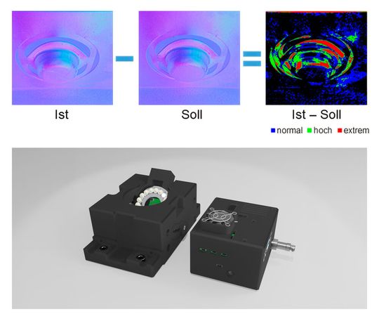 The camera-based Inform-QC system compares component surfaces against a reference condition, reveals deviations and can be integrated directly into existing production lines.(Source:  Fraunhofer IGD)
