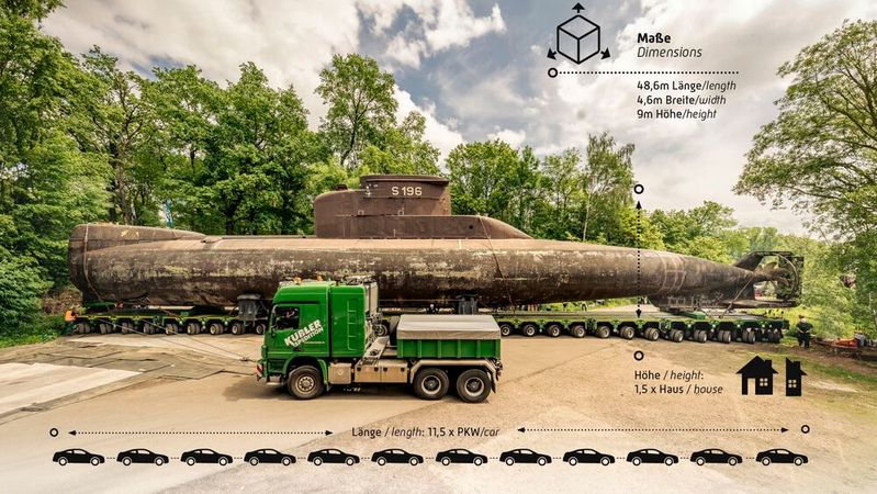 Größenverhältnisse sichtbar gemacht: Bis zu vier Schwerlastzugmaschinen brachten U17 sicher ins Technik Museum nach Sinsheim.(Bild:  Auto - Technik - Museum e.V.)