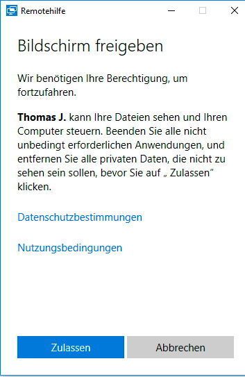 Vor dem eigentlichen Verbindungsaufbau muss der Benutzer, dessen Rechner ferngewartet wird, die Verbindung gestatten. (Joos / Microsoft)