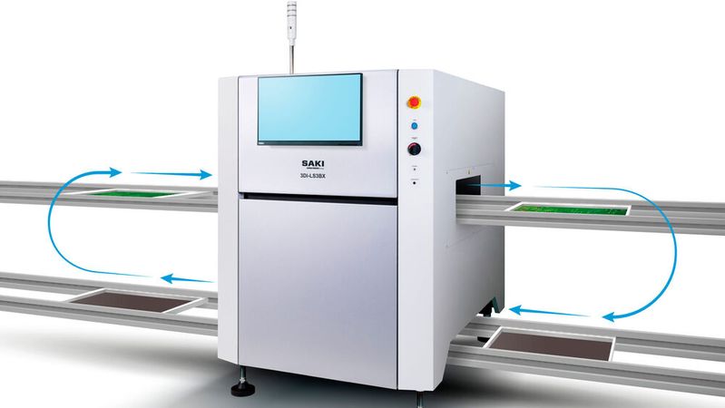 3D-AOI: Das Inline-Inspektionssystem 3Di-LS3BX von Saki prüft THT-Lötstellen und die gesamte Leiterplattenunterseite auf Fehler und Fremdkörper. Dabei erkennt es auch Lotkugeln ab 200 µm.(Bild:  Saki)