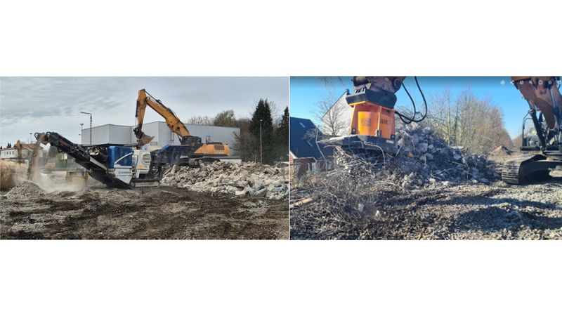 Aufbereitung von Betonschutt in einer Recyclinganlage (links); Sammlung von Stahlschrott mit einem Hydraulikmagneten (rechts). © Paul Kamrath Ingenieurrückbau GmbH.(Bild:  © Paul Kamrath Ingenieurrückbau GmbH)