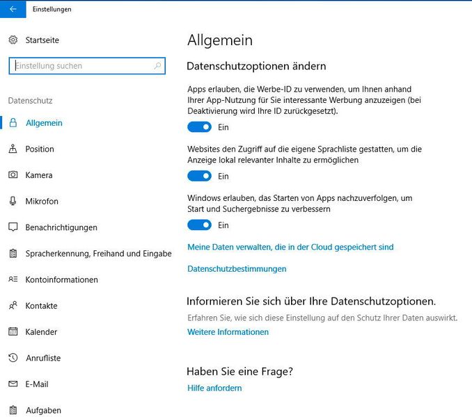 Mit dem Creators Update strafft Microsoft auch die Datenschutzeinstellungen in Windows 10. Diese sind weiterhin über Datenschutz in den Windows 10-Einstellungen verfügbar, bieten aber erweiterte Einstellungen. (Th. Joos)