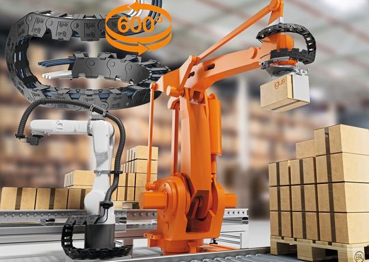 Die freitragende twisterchain bietet Energieführung mit über 600° Rotation, schneller Montage, maximaler Flexibilität und hoher Lebensdauer für Robotikanwendungen. (Bild:  igus)