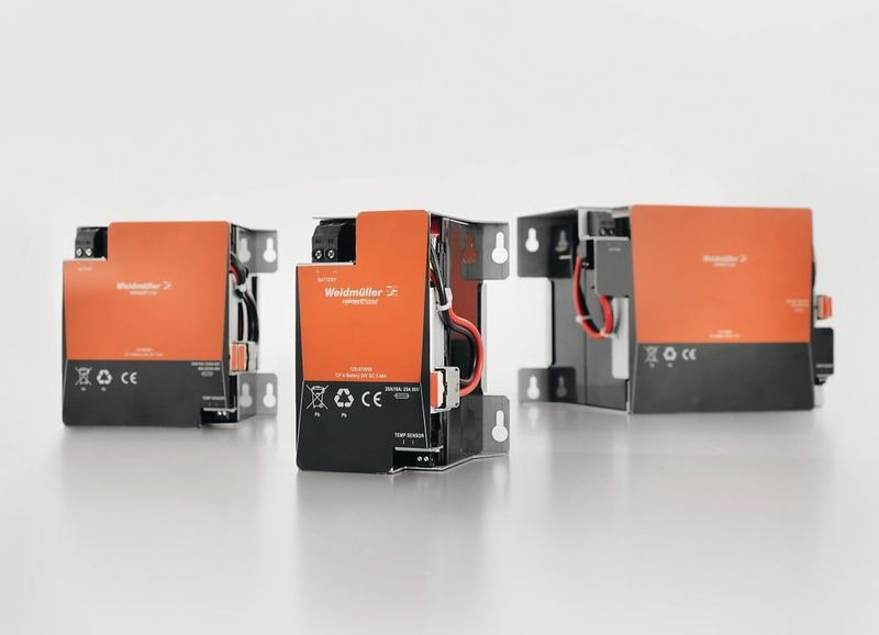 DC-USV: Die Batteriemodule sind mit wartungsfreien Blei-Vlies-Batterien (AGM VRLA) ausgerüstet. Ein integrierter Temperatursensor ermöglicht eine stets exakte Batterieladung. (Bild: Weidmüller)