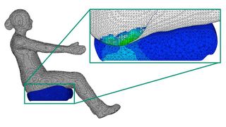 Mit einem digitalen Abbild einer Fahrerin wird das quasi-statische Einsitzen in den Fahrzeugsitz modelliert. (© Fraunhofer ITWM)