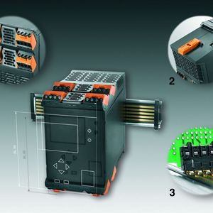 Das Weidmüller Elektronikgehäuse-System für individuelle Elektroniklösungen Omnimate Housing CH20M-67: Detail 1: Ungenutzte Steckplätze oder Anschlüsse können mir einer Abdeckung dauerhaft und sicher verschlossen werden. Detail 2: Integrierte Rastfuß sorgt für eine einfache, sichere und vibrationsbeständige Befestigung auf der DIN-Tragschiene. Detail 3: Die Kontaktierung zum Tragschienenbus erfolgt zuverlässig durch fünf voll galvanisierte und teilvergoldete Twin-Bogenkontakte