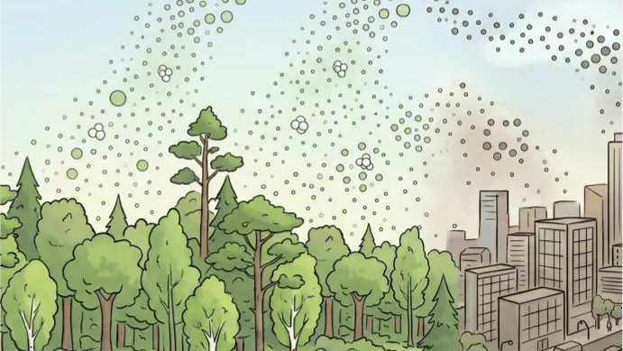Warum sind die Wachstumsraten atmosphärischer Nanopartikel unter sehr unterschiedlichen Umgebungsbedingungen trotzdem ziemlich einheitlich? Und warum zeigt sich dabei nur eine geringe Abhängigkeit von Temperatur und organischer Dampfkonzentration? Eine neue Studie bringt Antworten.(Bild:  Particle growth everywhere_NanoBanana / KI-generiert)