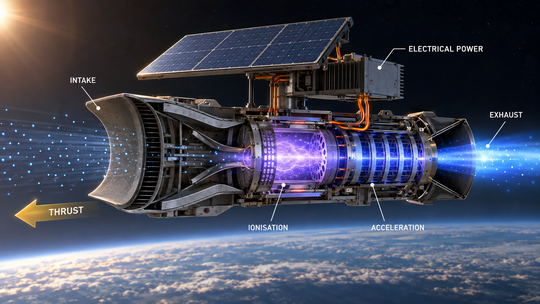 The intake, discharge and accelerator form one system. Net thrust must cover total drag while remaining within the spacecraft power budget.(Source:  KI-generiert / Imagen)