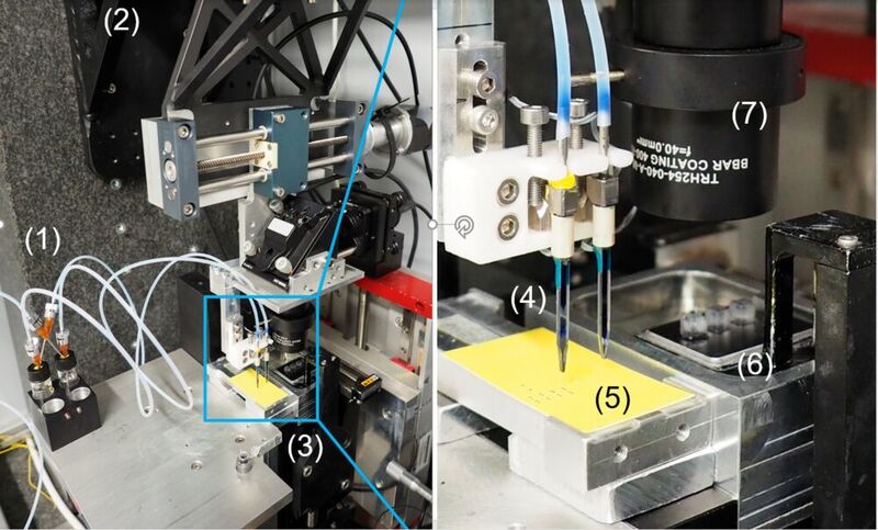 Abbildung 1: Das Bild zeigt die Mikrostereolithographie-Anlage mit (1) Fluidik für Inkjet-Druckköpfe, (2) xy-Achsen, (3) z-Achse, (4) Inkjet-Druckköpfe, (5) Dosiertest (Gelbpapier), (6) Materialwanne und Bauplattform mit würfelförmigen Prototypen und (7) Laserdiode. (Universität Rostock)