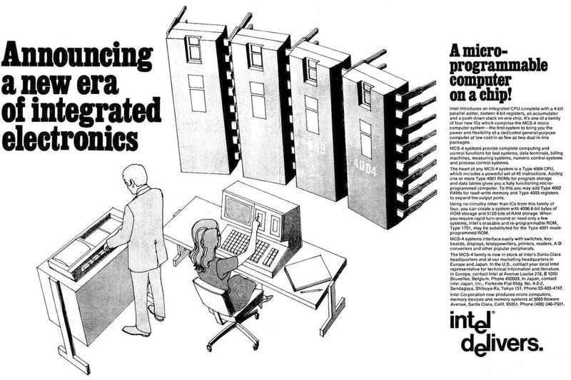 Originalanzeige vom November 1971:  Intel bewarb den 4004, ursprünglich als Teil des vierteiligen MCS-4-Chipsatzes vertrieben, als „mikroprogrammierbaren Computer auf einem Chip“. (Bild: Intel)