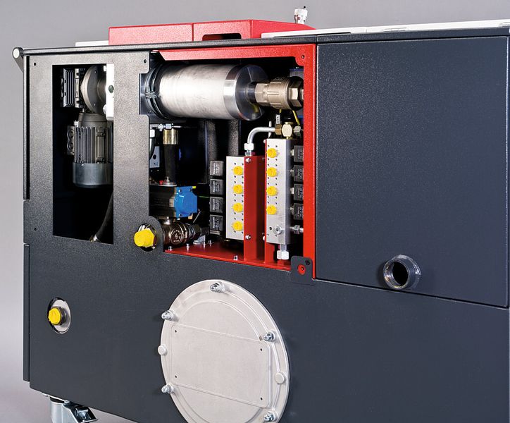 Das Aggregat verfügt über einen automatischen Rückspülfilter mit permanentem Filtereinsatz, der sich selbst reinigt. Der Maschinenbediener entleert lediglich den Spänekasten. (Bild: Müller Hydraulik)