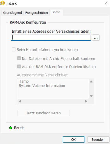 Inhalte der RAM-Disks lassen sich in Images sichern und aus Images laden. (Joos/ImDisk (Screenshot))