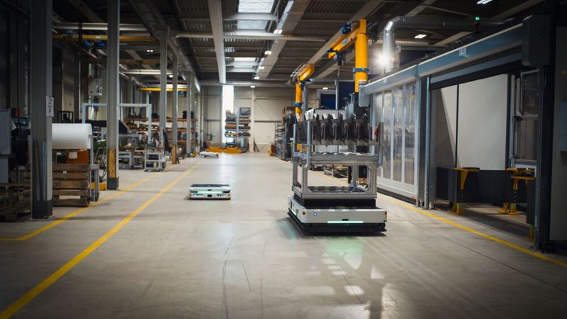 Two Kuka AMRs meet: In the GTS plant in Ibbenbüren, in addition to the KMP 1500P, the first KMP 3000P units are also being tested. (Image:Kuka)