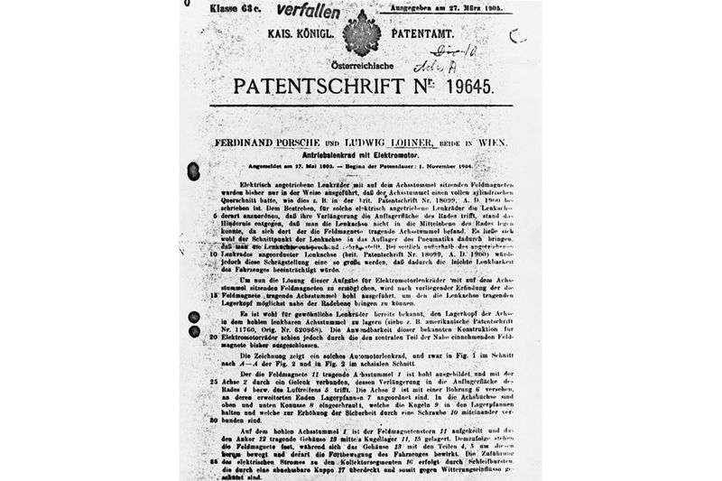 Die originale Patentschrift aus dem Jahr 1902. Angemeldet wurde ein „Antriebslenkrad mit Elektromotor“. (Porsche)