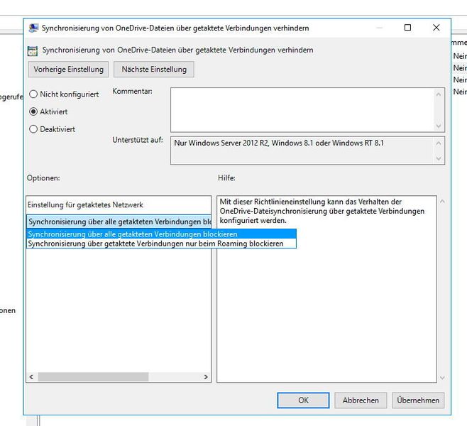 Mit der Option „Synchronisierung von OneDrive-Dateien über getaktete Verbindungen verhindern“, können Administratoren verhindern, dass lokal gespeicherte Daten mit OneDrive synchronisiert werden, wenn sich der Rechner in einem externen Netzwerk oder einem langsamen WLAN befindet. (Th. Joos)