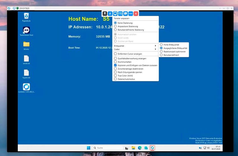 Die Anzeigeoptionen der Remote-Sitzung steuern Skalierung, Bildqualität, Codec, Zwischenablage und den Datenschutzmodus für den Zugriff auf den Windows Server. (Bild: Joos - Purslane Tech Pte. Ltd.)
