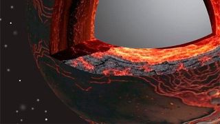 The illustration shows a cutaway revealing the interior of early Earth with a hot, melted layer above the boundary between the core and mantle. Scientists think some material from the core leaked into this molten layer and mixed in. Over time, that mixing helped create the uneven structure of Earth’s mantle that we see today. (Source: Yoshinori Miyazaki/ Rutgers University)