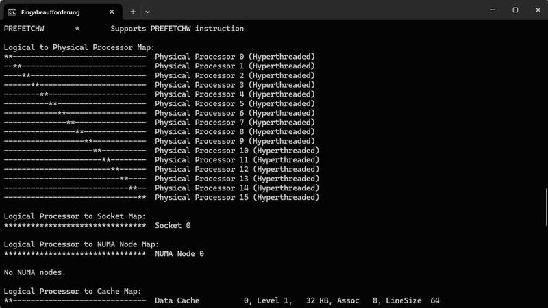 Coreinfo gibt einen Überblick zu den verbauten CPUs im Server oder PC. (Bild:  Thomas Joos)