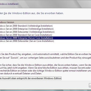 Bild 1: Auswahl von Server Core im Installationsassistenten.