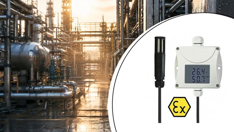 Robuste Klimaüberwachung in Ex-Zonen: Der kombinierte Temperatur- und Feuchtesensor von Telemeter Electronic ist für den Einsatz in ATEX-Zone 2 zertifiziert und sichert Prozesse auch bei hoher Sommerfeuchte zuverlässig ab.(Bild:  Telemeter Electronic)