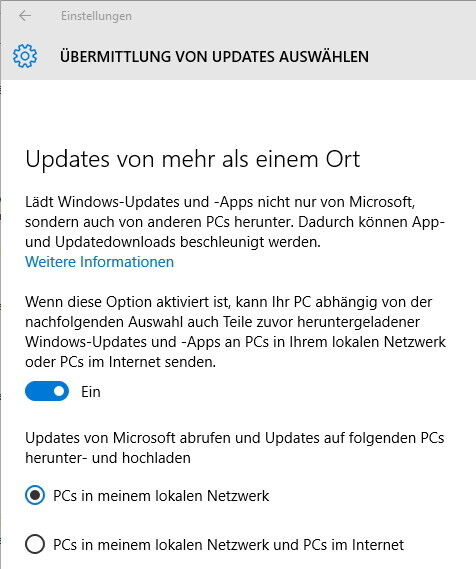 Windows 10 kann Peer-to-Peer-Updates für andere Windows 10-Rechner bereitstellen. Entsprechende Einstellungen liegen im Bereich „Einstellungen\Update und Sicherheit\Windows Update\Erweiterte Optionen\Übermittlung von Updates auswählen“. (Bild: Thomas Joos)