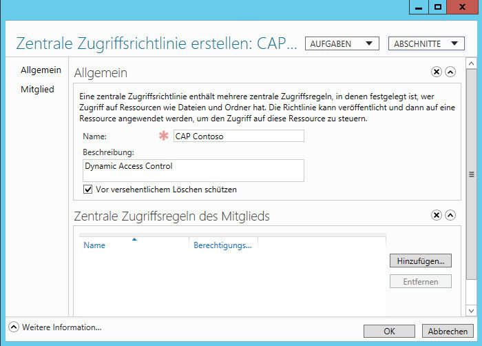 Grundlagen für die Berechtigungssteuerungen sind zentrale Zugriffsrichtlinien (Central Access Policies, CAP). Auch diese legen Administratoren im Active Directory Administrative Center fest. Die Richtlinien steuern welche Rechte Anwender auf Ressourcen haben, die dieser zentralen Richtlinie zugeordnet sind. (Archiv: Vogel Business Media)